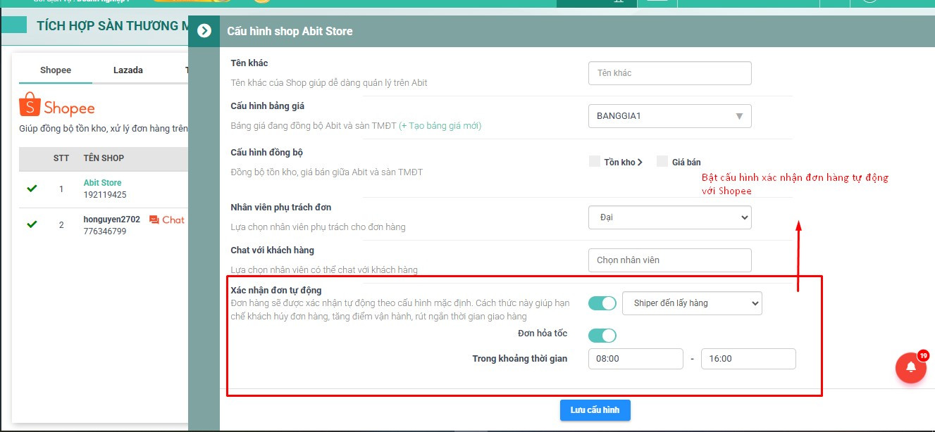 Cấu hình xác nhận đơn hàng tự động sàn Shopee