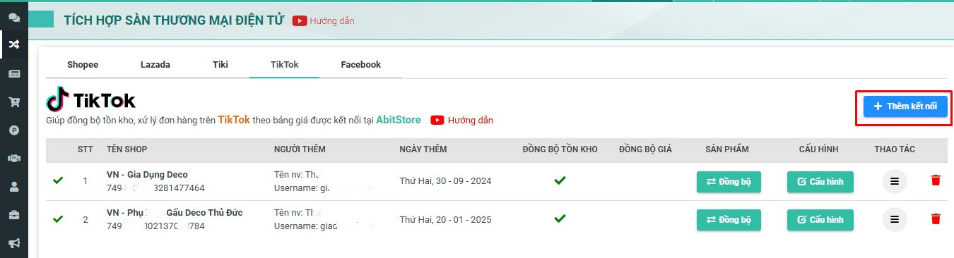 Kết nối gian hàng TikTok Shop