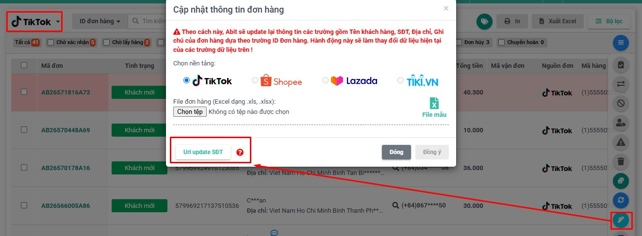 URL update SĐT của TikTok Shop