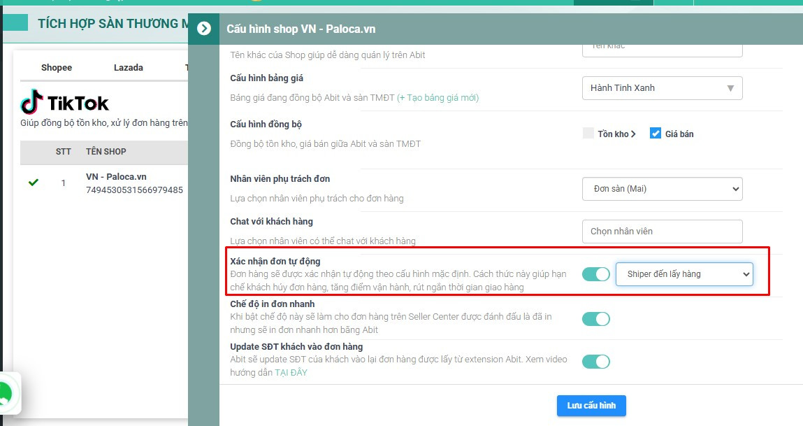 Xác nhận đơn hàng tự động sàn TikTok Shop